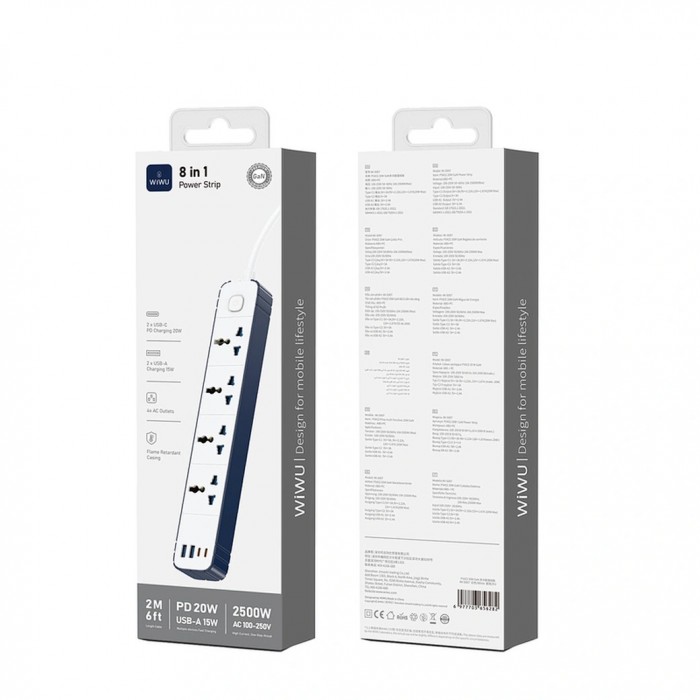 Удлинитель Wiwu 8 in 1 20W GaN Power Strip 2C+2A+4AC Wi-S007 EU 2M